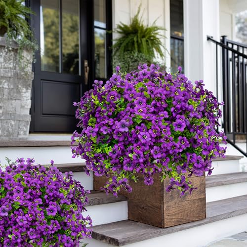 AXYLEX Artificial Flowers for Outdoors, 16 Bundles Fake Plants (Purple) | UV resistant faux plastic flowers, no fade artificial greenery – garden, patio, porch & home - color: Purple