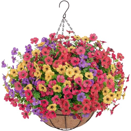 Artificial Hanging Flowers for Outdoors, UV Resistant Silk Flowers Basket Mixed Color Faux Daisy with Eucalyptus Leaves Hanging Fake Plants for Porch Balcony Patio Home Spring Summer Decoration - color: Mixed Color-1