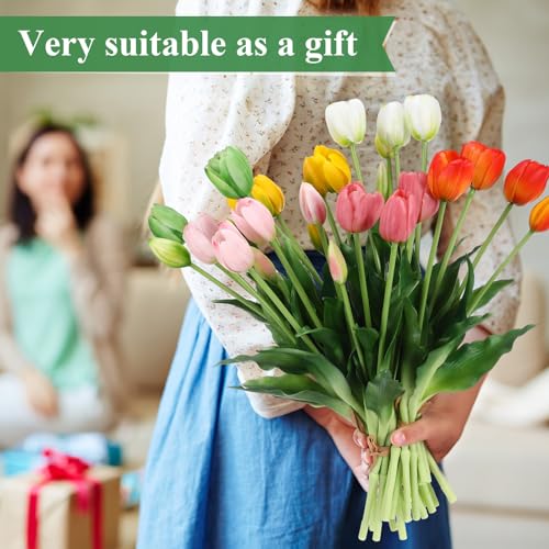 Riceshoot 30 Pcs Artificial Tulips Flowers 6 Bunches Faux Tulips Bouquets Arrangements Realistic Flowers for Office Wedding Party Kitchen Decoration(Multicolor) - color: Multi Color