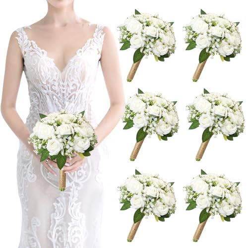 Artificial Bridesmaid Bouquets Set of 6 for Wedding - 7 inch White Flowers Bouquets for Bridesmaids, Faux Rose Gypsophila Rustic Small Floral Bouquet Fake Boho Wedding Party Ceremony Anniversary Decor - color: White Rose, size: Set of 6 Bridesmaid Bouquet