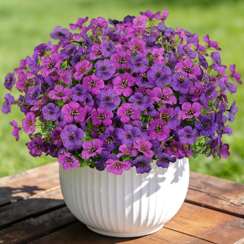 Artificial Flowers Faux Plants for Outdoor, 12 Bundles Realistic Silk Artificial Daisy with Eucalyptus, UV Resistant Fake Flower Plants for Outside Front Porch Garden Patio Decor (Lotus Purple) - color: Mix-lotus Purple