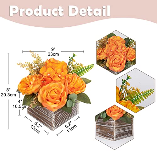 DILATATA Artificial Flower Arrangement, 8'' Orange Roses Peonies Hydrangeas in Wooden Planter, Rustic Fake Flowers in Pot for Home Decor Living Room - 1PC - color: 8"h Vibrant Orange