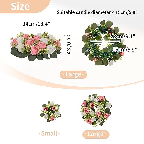 NUPTIO Flower Candle Rings for Centerpieces: 13.4 Inch Artificial Rose Wreath for Wedding Party Christmas - Pink & White Wreaths for Spring Summer Front Door Porch Table Decor 2 Pcs - color: Pink & White, size: Dia 13.4"-2pcs