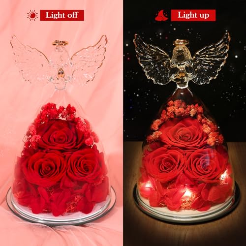 Mothers Day Flowers Gifts for Mom Flowers for Delivery Preserved Flowers Forever Real Fresh Roses in Glass Angel Figurines Birthday Gifts for Women Anniversary Present for Grandma Wife from Daughter - color: Red (Rose, Baby's Breath, Hydrangea)