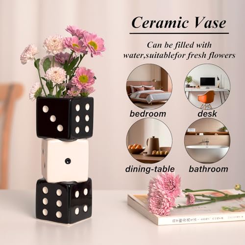 MOUGIGI Unique Handmade Dice Vase - Stylish Black & White Ceramic Decor for Home, Bar | Geometric Design Perfect for Fresh, Dried, or Artificial Flowers | Eye-Catching Centerpiece & Decorative Accent - color: Black and White Dice Vase