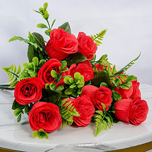 XONOR Artificial Cemetery Flowers, Set of 2 Artificial Rose Bouquet Grave Memorial Flowers with Vase for Cemetery Headstones Decoration (Red) - color: Red