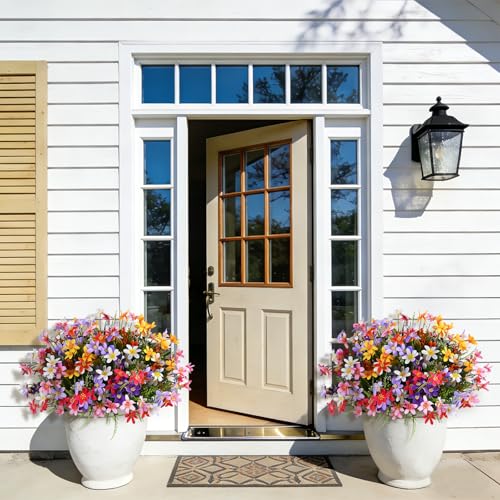 Ammyoo 12 Bundles Artificial Spring Summer Flowers Outdoor Decorations Fake Plants, Realistic Silk Floral Garden Porch Faux Flowers for Outside Planters Decoration(4 Color) - color: Mix No Basket