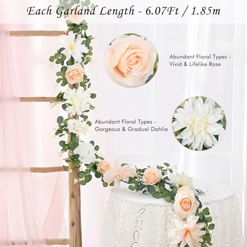 Waipfaru 6Ft Eucalyptus Greenery Garland with Flowers, Flower Rose Garland Decorations for Wedding Table Runner Centerpieces Backdrop Party Room Decor (White) - color: Champagne-6.07ft, size: 1 Pack