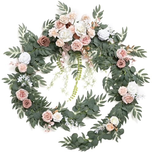 Ling's moment 9FT Spring Flower Garland for Backdrop Decorations - Wedding Arch Flowers, Eucalyptus & Rose, Artificial Floral Garland for Mantle - Sweetheart Table Decor for Reception, Dusty Rose - color: Pk-dusty Rose & Cream