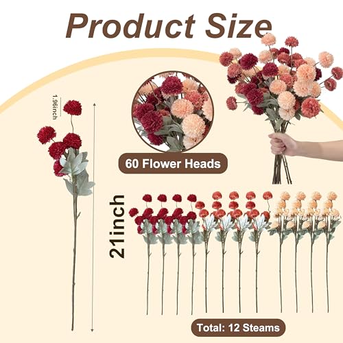 12pcs Artificial Flowers Faux Silk Pompon Mum, Fake Kiku Flowers with 21" Long Stems & 5 Heads Each Stem, Mini Small Chrysanthemum with Stems for DIY Wedding Bouquets Centerpieces Home Decor - color: Burgundy, Burnt Orange, Champagne, size: 12 PCS