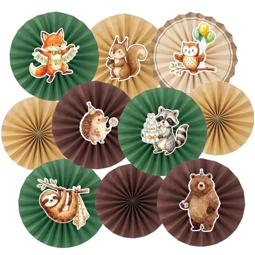 Easy Joy Woodland Baby Shower Decorations Brown Green Hanging Paper Fans Animal Birhday Decorations for Wall Cute Animal Classroom Hanging Folding Fan Forest Themed Jungle Safari Birthday Party Decor - color: Brown and Green