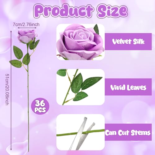 36 Pcs Light Purple Velvet Silk Rose Bouquet Bridal Artificial Flowers, Lavender Fake Rose Long Stem Realistic Flowers Bulk for DIY Wedding Ball Arrangement Centerpiece Home Party Decor - color: Light Purple