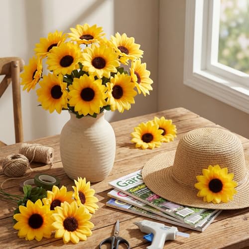 Wavwavw 50 Pcs 2.76 Inch Mini Artificial Sunflower Heads with Iron Stems for Home Party Decoration Wedding Decor, Bride Holding Flowers Centerpieces Wreath Garden DIY Art Decor Crafts - size: 2.76 Inch
