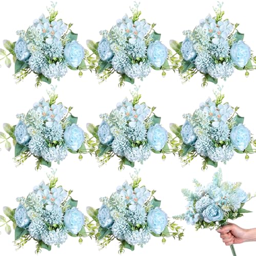 Zeyune 8 Pcs 13.4 Inch Artificial Flowers Bouquet Fake Silk Flowers Faux Bouquet Hydrangea Bouquets for Wedding Birthday Table Centerpieces Home Office Decoration (Peony,Blue) - color: Blue, size: Peony