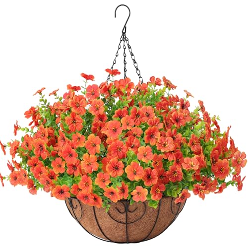 Artificial Fake Hanging Plants Flowers Basket Outdoors Summer Autumn Decor, Hanging Planter with Faux Silk Daisy Flowers Realistic UV Resistant for Outside Home Porch Front Patio Balcony Garden Orange - color: Orange