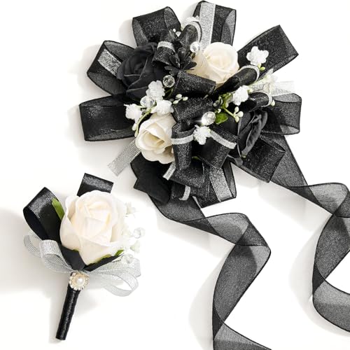 Prom Corsage and Boutonniere Set Black,Artificial Silk Rose Wrist Corsage for Homecoming, Formal Dance Party, Wedding,Graduation,Anniversary - color: Black