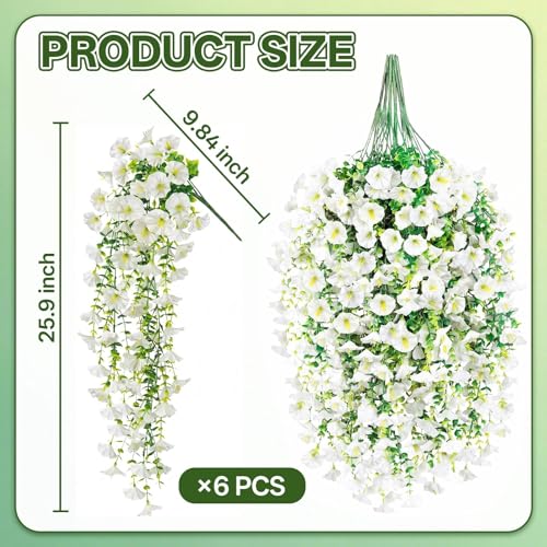 Artificial Hanging Flowers for Outdoors, 6 PCS Silk Morning Glory Artificial Flowers with Eucalyptus Leaves, UV Resistant Fake Flower Realistic Faux Plants for Home Patio Porch Garden Decor, White - color: White