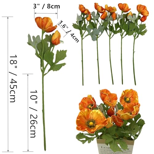 5Pcs Artifical Real Touch PU Anemone Flower Bouquet Room Home Decor (Orange) - color: Orange