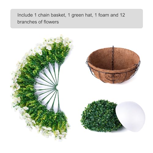 Artificial Fake Hanging Flowers Plants Baskets Spring Outdoor Decor, Outdoor Faux Silk White Morning Glory Eucalyptus in Planter UV Resistant Realistic for Outside Porch Patio Balcony Garden Yard Home - color: B White