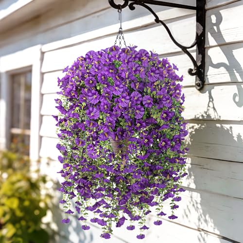 Artificial Hanging Flowers with Basket, 480 Blooms UV Resistant Faux Morning Glory Silk Plants, Fast & Easy Assembly Fake Hanging Baskets for Outdoor Porch Patio Garden Decor, Purple - color: Purple