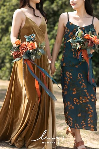 Ling's moment Wedding Artificial Flowers Package, Bridal Bouquet, Bridesmaid Bouquets, Boutonniere for Men, Rose Petals.Dark Teal Burnt Orange - color: Or-dark Teal & Burnt Orange