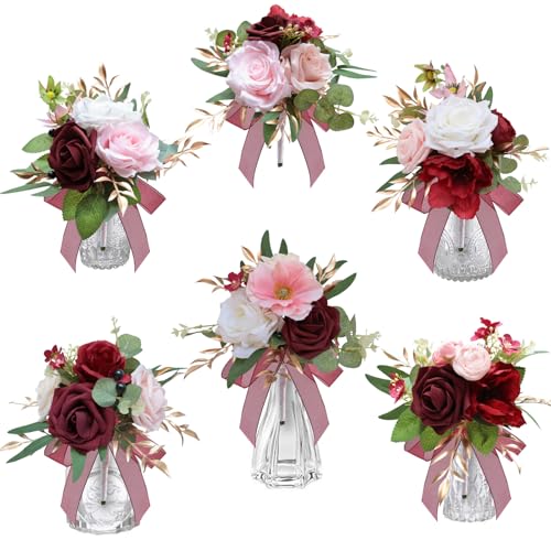 Marriwise Set of 6 Burgundy Red Assorted Wedding Flower Centerpieces Pre-Made Mini Bridesmaid Bouquets Artificial Floral Rose Table Decor for Wedding Decorations Shower Home Decor (Burgundy Red) - color: Burgundy Red