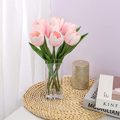Briful Fake Flowers Artificial Tulip Flower Pink in Clear Vase, Real Touch Foam Tulip Arrangement Suitable for Home Office Decoration, Dining Table Centerpiece - color: Pink