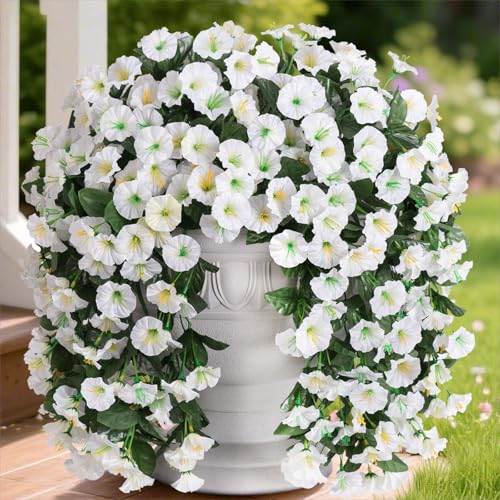 HyeFlora Artificial Fake Hanging Flowers Plants Vines for Outdoor Summer Decoration, 2PCS Faux Silk White Morning Glory Look Real UV Resistant for Home Outside Planter Porch Patio - color: White