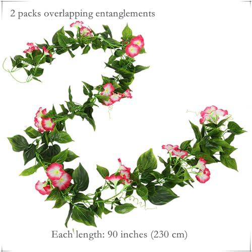 Artificial Morning Glory Flower Vines, Fake Hanging Plants Green Vine Silk Garland Flowers Faux Greenery Plastic Plant for Indoor Outdoor Garden Wall Fence Stairway Wedding Home Decor Pink 2 Pack - color: Morning Glory Vines - Pink 2 Pcs