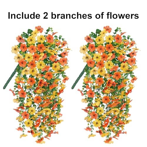 HyeFlora Artificial Flowers for Outdoors Decoration, 2Pcs Fake Hanging Spring Decor, Yellow and Orange Realistic Plants, UV & Fading Resistant Silk Flower for Porch Patio Balcony Planter Yard - color: Orange+yellow