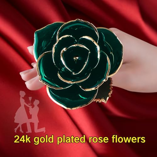 SW Gold Dipped Rose Real 24K Deep Green Rose Romantic Mom Gifts for Women Flower Love Romantic - color: Colorful