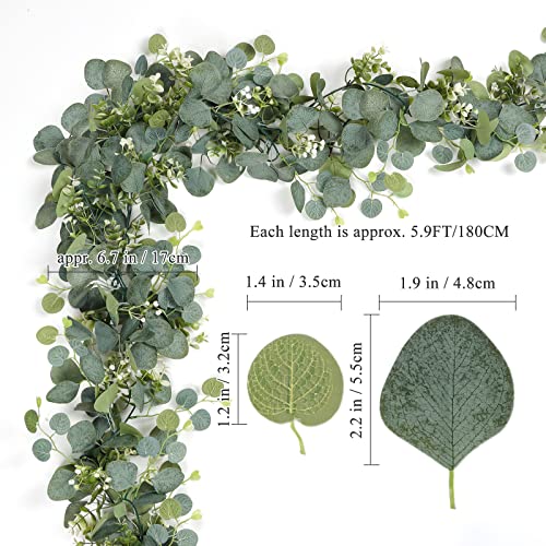 TOCHGREEN 2 PCS Artificial Eucalyptus Garland 5.9FT Faux Silver Dollar Greenery Garland Vines with White Flower Boxwood Fake Hanging Plants for Wedding Home Party Table Mantle Wall Decor - color: 2pcs