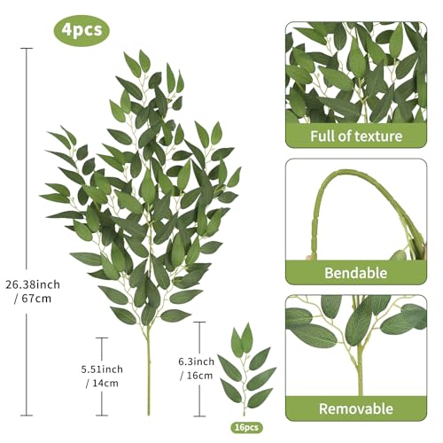 26in Italian Ruscus Artificial Greenery Stems 4Pcs Faux Silk Green Leaves Garland Branches Hanging Greenery Spray Plants for DIY Wedding Bouquet Arch Table Centerpieces Vase Filler Home Decor(Large) - color: 4pcs-large Ficus