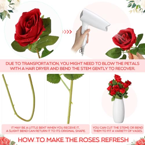Hotop 80 Pcs Rose Artificial Flowers Bulk with Long Stem, Silk Roses Realistic Fake Flowers Bouquet for Wedding Table Centerpieces Bridal Shower Party Home Decorations(Red) - color: Red