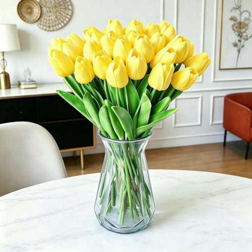 PU Real Touch Tulips Artificial Flowers 20 Pcs Fake Flowers Arrangement Bouquet for Home Office Wedding Decoration (Yellow) - color: Yellow 20pcs