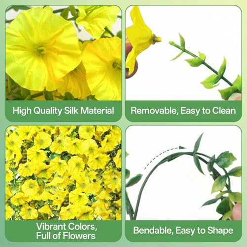 Artificial Hanging Flowers for Outdoors, 6 PCS Silk Morning Glory Artificial Flowers with Eucalyptus Leaves, UV Resistant Fake Flower Realistic Faux Plants for Home Patio Porch Garden Decor, Yellow - color: Yellow