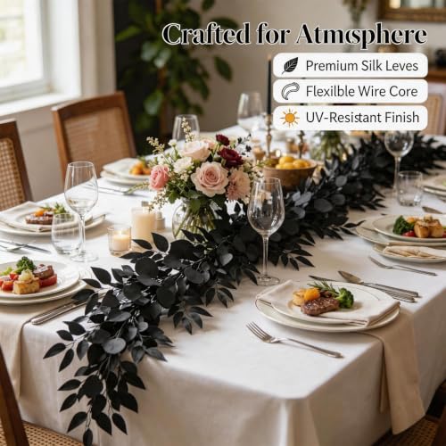 GREENTIME 1 Pack 6.5Ft Artificial Black Eucalyptus Greenery Garland Fack Willow Garland Gothic Decor for Table Runner Wedding Arch Home Mantel and Halloween Party - color: Black-1