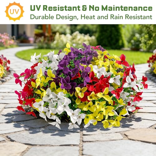 24 Bundles Artificial Flowers for Outdoors，Plastic Flowers Uv Resistant Fake Plants Bulk for Spring Summer Hanging Planter Porch Window Garden Home Decor