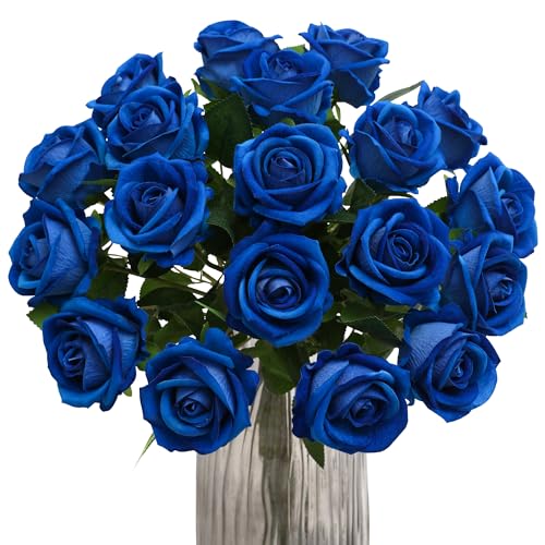 Hawesome Fake Roses Artificial Silk Flowers - 12 Pcs Blue Roses Artificial Faux Flowers with Stems for Home Wedding Centerpiece Hotel Office Decor - color: Blue
