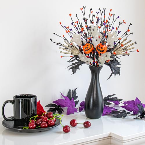 VioletEverGarden 10 Pack Halloween Stems 17 Inch Halloween Floral Picks 3 Styles Berry Branches with Pumpkin Skeleton and Ghost for Gothic Holidays Celebration