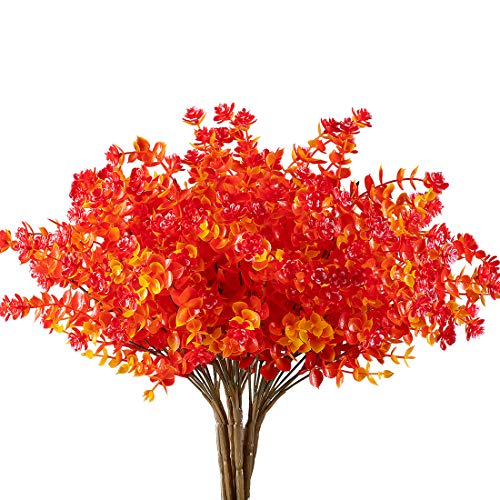 Happylife 6 Bundles Artificial Flowers, Fake Artificial Greenery UV Resistant No Fade Faux Plastic Plants for Wedding Bridle Bouquet Indoor Outdoor Home Garden Kitchen Office Table Vase (Red) - color: Fall