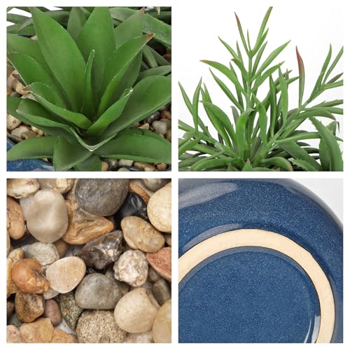 Hollyone Large Artificial Succulents Plants with Blue Vase Faux Succulents Fake Succulent Potted Plant in Ceramic Pot for Home Decor Office Desk Bathroom Living Room Indoor & Outdoor Decorations - color: 1pack - Blue Ceramic