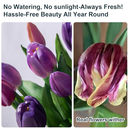 Bailikang 20PCS Fake Tulips 12' Artificial Tulip Silk Flowers Fake PU Bouquet Artificial Flowers Faux Flowers with Gift Box Soft Faux Tulips Bouquets Arrangements for Party Wedding Home - color: Purple+light Purple