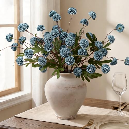 Waipfaru 10pcs Fake Silk Pompon Mum Artificial Flowers, Bulk Faux Mini Chrysanthemums, for Centerpieces Wedding Fillers Champagne Arrangements Shower Decorations, Blue - color: Blue
