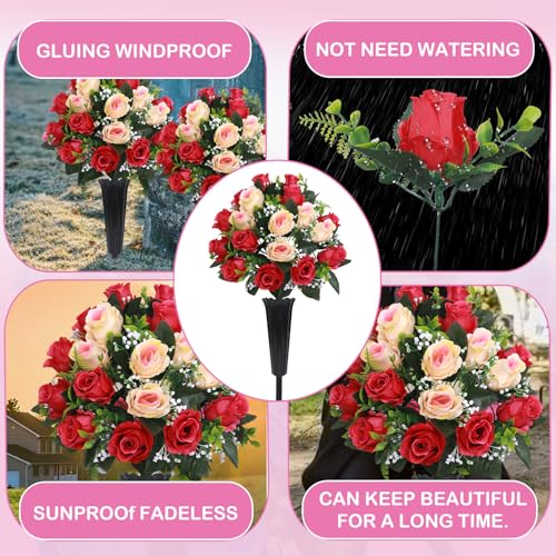 Lodou Set of 2 Artificial Cemetery Flowers, Memorial Flowers Bouquet,Grave Memorial Flowers with Vase for Cemetery Headstones Decoration (Rose red Beige) - color: Rose Red Beige