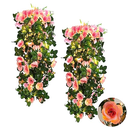 RECUTMS Hanging Flowers Artificial Rose Flower 2PCS 3.3Ft for Outdoors with 30 LED Fairy String Lights Fake Outdoor (Pink) - color: Pink, size: 2 pcs light