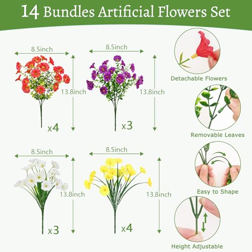Artificial Flowers for Outdoors, 14 Bundles Fake Outdoor Flowers, UV Resistant Artificial Outdoor Plants & Flowers for Decoration, Colorful Morning Glory for Garden Porch Yard Patio, Mixed Color A - color: Purple, Rose Red, White & Yellow, size: 14 Bundle