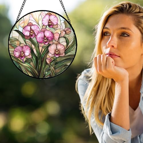 Stained Glass Window Hanging - Pink Phalaenopsis Orchid Green Leaves Sun Catcher for Door Home Decor Flower Suncatcher Christmas Mother's Day Birthday Gifts for Women Men Mom Nana 15 in - color: Pink, size: 15x15 IN