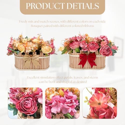 Dining Table Centerpiece Decor - Pre-Made Artificial Flower Arrangement Fake Floral with Wooden Vase for Farmhouse Kitchen Bathroom Living Room Decorations (Orange-Red) - color: Orange-red