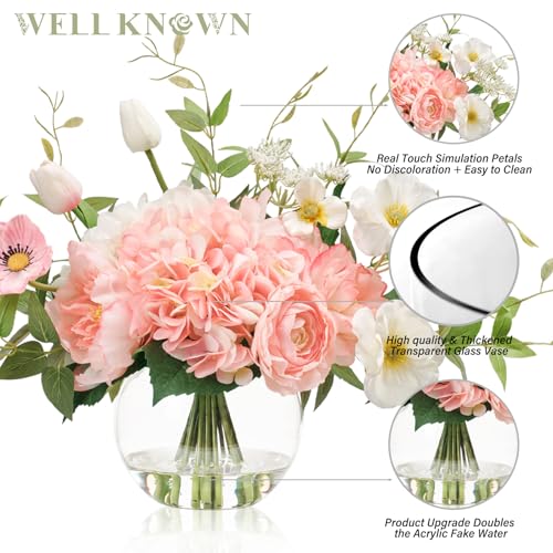WELL KNOWN Artificial Flowers in Vase, Fake Silk Peony Tulip Hydrangea Pink & White Flower Bouquet Arrangement with Faux Water Centerpieces for Home Wedding Dining Table Party Decor & Gift for Women - color: Pink